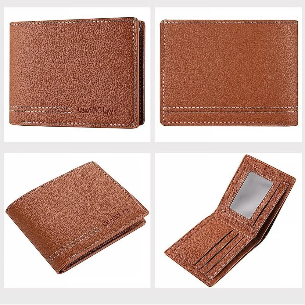 🆕Men Brown PU Material 4 Credit Card Holder ,Money Pocket Clear Window Suitable